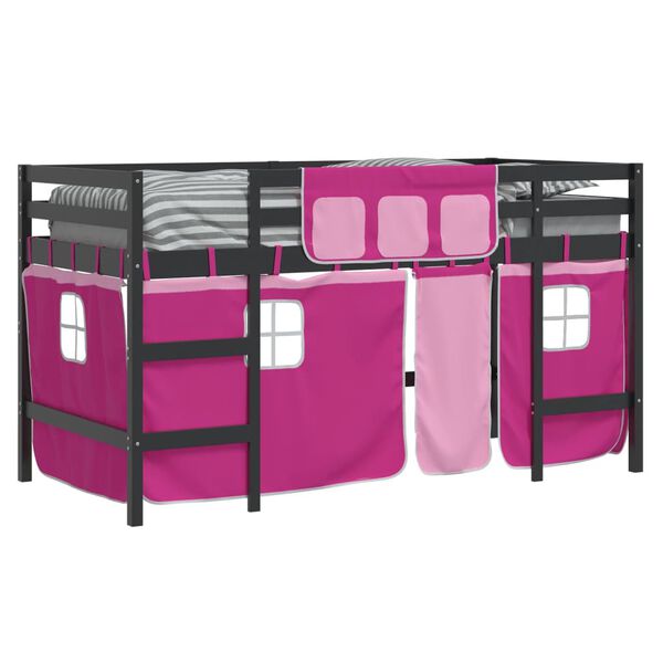 vidaXL Kinderhoogslaper met gordijnen 90x200 cm grenenhout roze