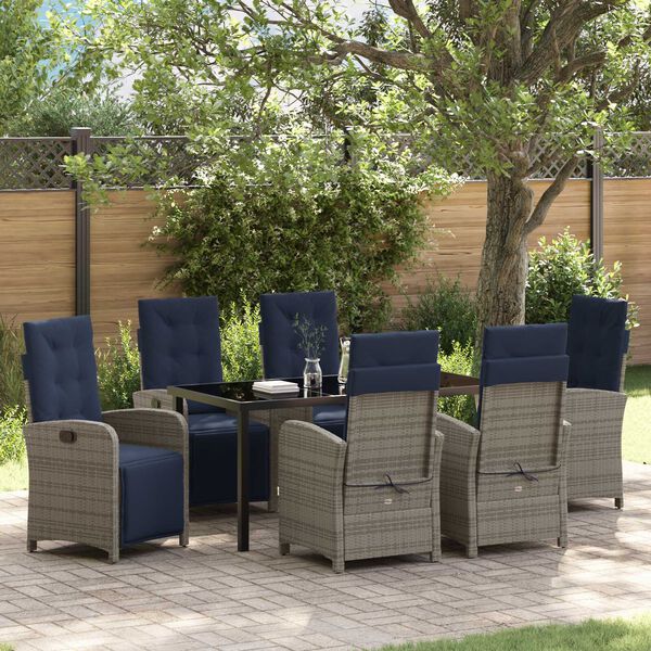 vidaXL Tuin eettafelset met kussen 7 pcs Grijs poly rattan