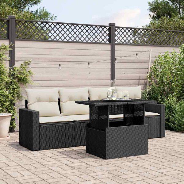 vidaXL 5-delige Loungeset met kussens poly rattan zwart