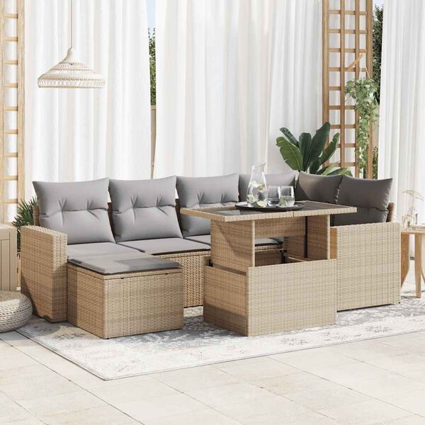 vidaXL 7-delige Loungeset met kussens poly rattan beige
