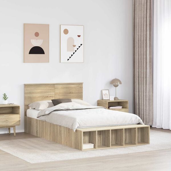 vidaXL Bedframe met plank Sonoma Eiken 135 x 190 cm Bewerkt hout