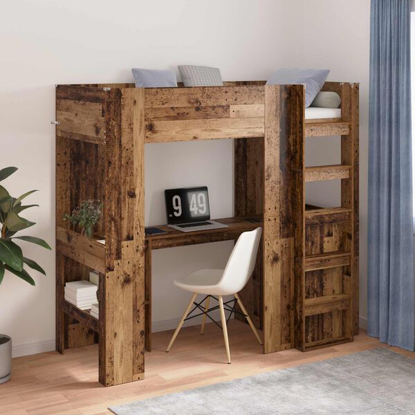 vidaXL Loft Bedframe met Bureau Oudhout 75 x 190 cm Bewerkt hout