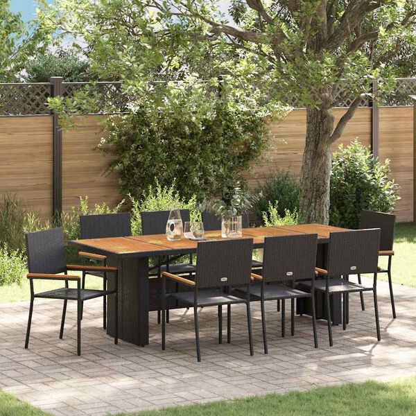vidaXL Tuin eettafelset 9 pcs Zwart poly rattan
