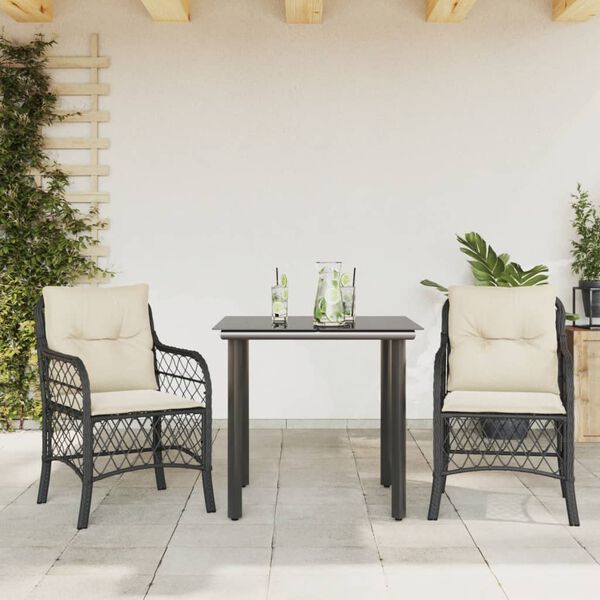vidaXL 3-delige Bistroset met kussens poly rattan zwart