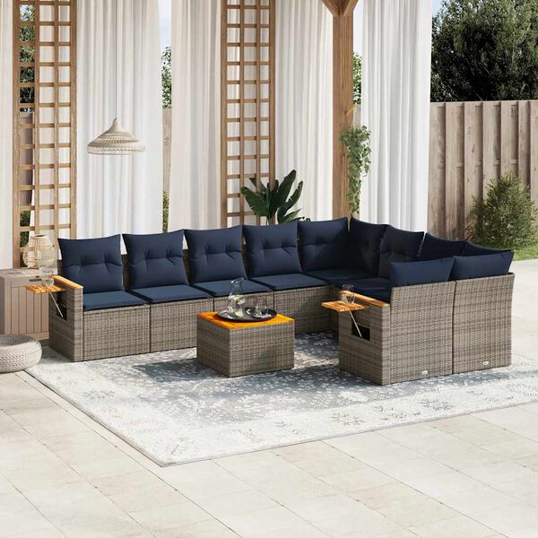 vidaXL 10-delige Loungeset met kussens poly rattan grijs