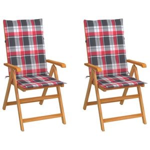 vidaXL Tuinstoelen 2 st met rood geruite kussens massief teakhout