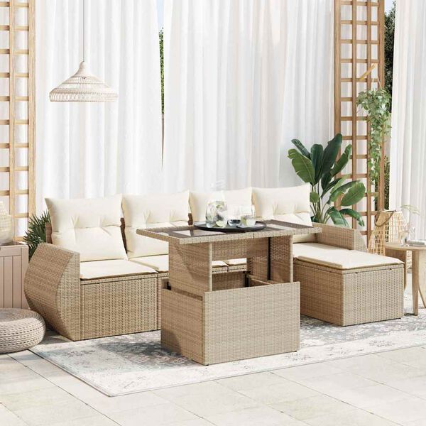 vidaXL 6-delige Loungeset met kussens poly rattan beige