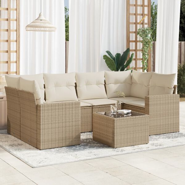 vidaXL 7-delige Loungeset met kussens poly rattan beige