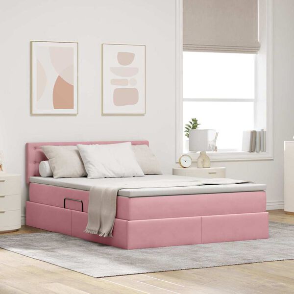 vidaXL Opbergbed met LED met matras Roze 140 x 200 cm Fluweel