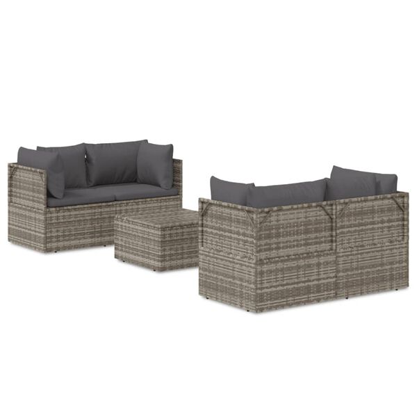 vidaXL 5-delige Loungeset met kussens poly rattan grijs