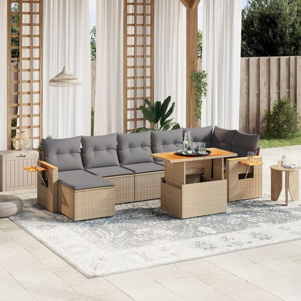 vidaXL 8-delige Loungeset met kussens poly rattan beige
