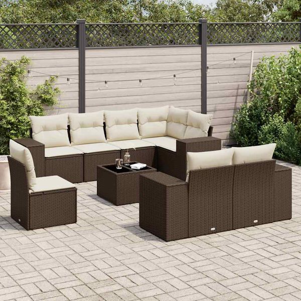 vidaXL 9-delige Loungeset met kussens poly rattan bruin