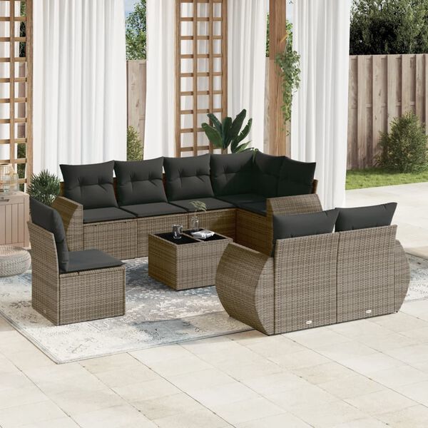 vidaXL 9-delige Loungeset met kussens poly rattan grijs