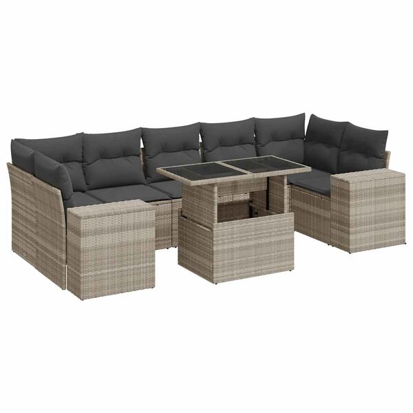 vidaXL 8-delige Loungeset met kussens poly rattan lichtgrijs