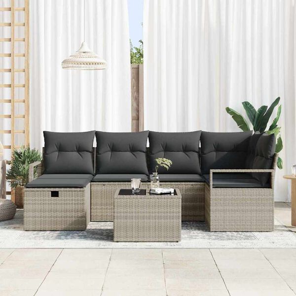 vidaXL Tuin Sofa Set met kussen met opslag 7 pcs Lichtgrijs Poly riet