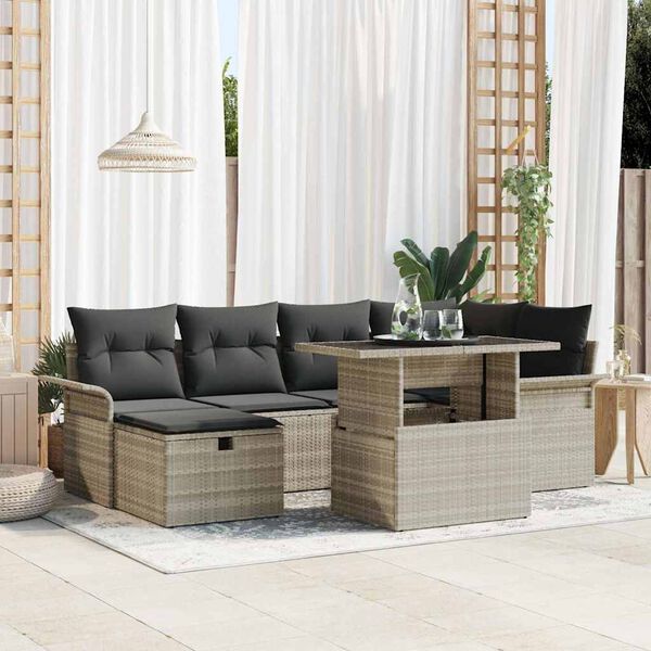 vidaXL Tuin Sofa Set met kussen met opslag 7 pcs Lichtgrijs Poly riet