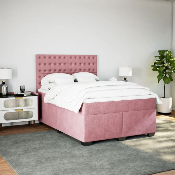 vidaXL Boxspring met matras fluweel roze 140x190 cm