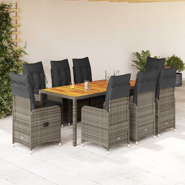 vidaXL 9-delige Bistroset met kussens poly rattan grijs