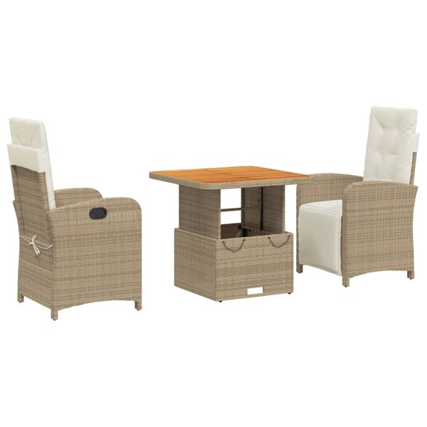 vidaXL 3-delige Tuinset met kussens poly rattan beige