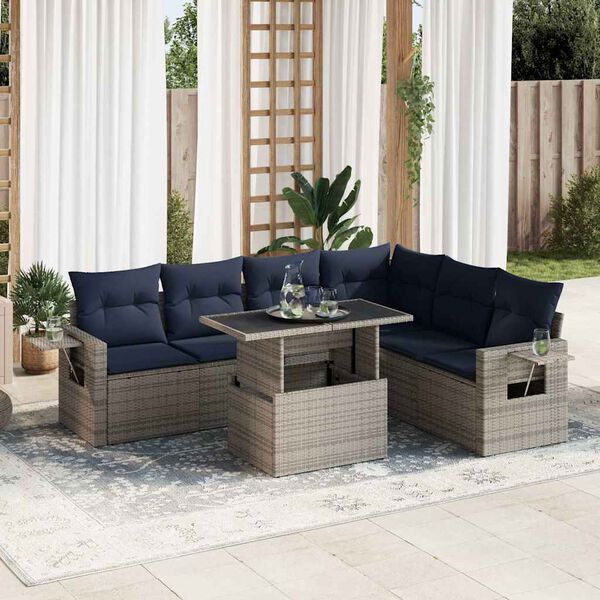 vidaXL 7-delige Loungeset met kussens poly rattan grijs