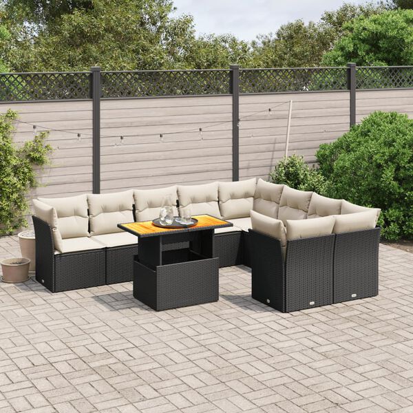 vidaXL 10-delige Loungeset met kussens poly rattan zwart