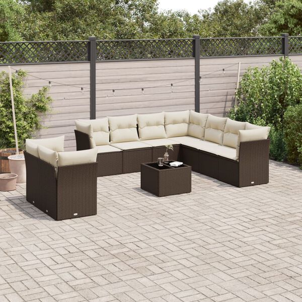 vidaXL 10-delige Loungeset met kussens poly rattan bruin