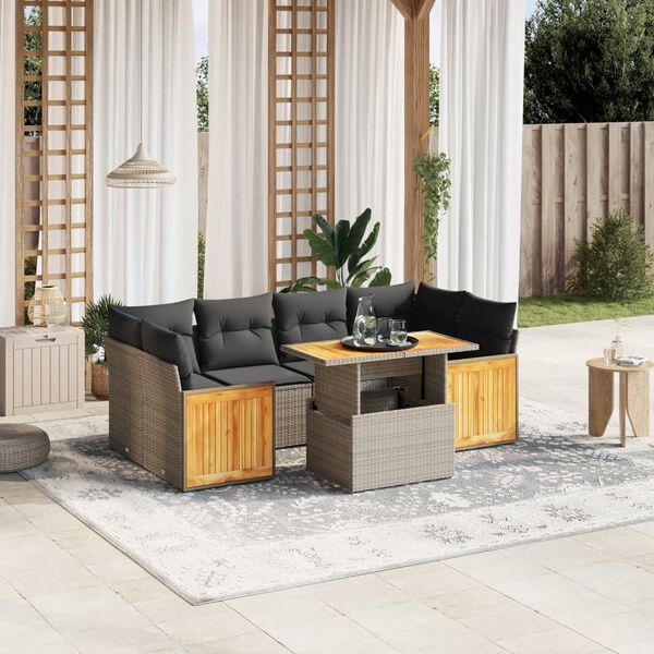 vidaXL 7-delige Loungeset met kussens poly rattan grijs