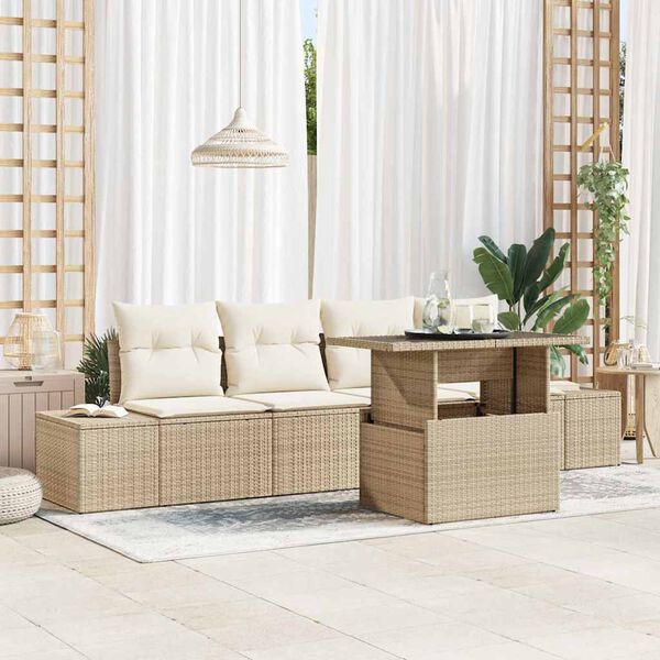 vidaXL Bankstel met kussen 5 pcs Beige en Cr&egrave;me poly rattan