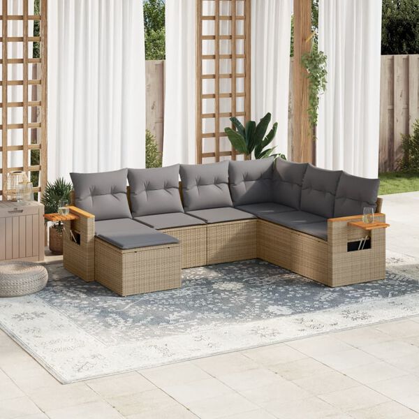 vidaXL 7-delige Loungeset met kussens poly rattan beige