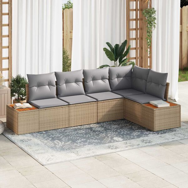 vidaXL Tuin Sofa Set met kussen 5 pcs beige en lichtgrijs Poly riet