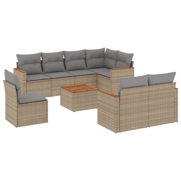 vidaXL 9-delige Loungeset met kussens poly rattan beige
