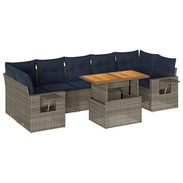vidaXL 8-delige Loungeset met kussens poly rattan grijs