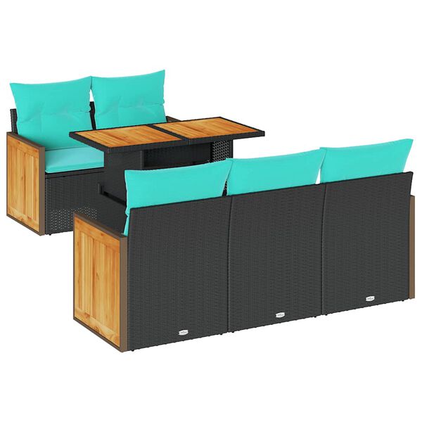 vidaXL 6-delige tuinbankset met kussens, zwart polyrotan en acacia
