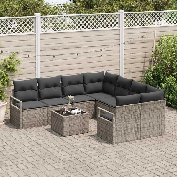 vidaXL Bankstel met kussen 9 pcs Grijs poly rattan