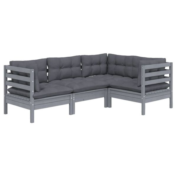 vidaXL 4-delige Loungeset met kussens grenenhout grijs