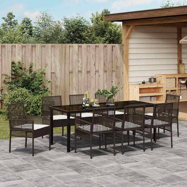 vidaXL Tuin eettafelset met kussen 9 pcs Bruin poly rattan