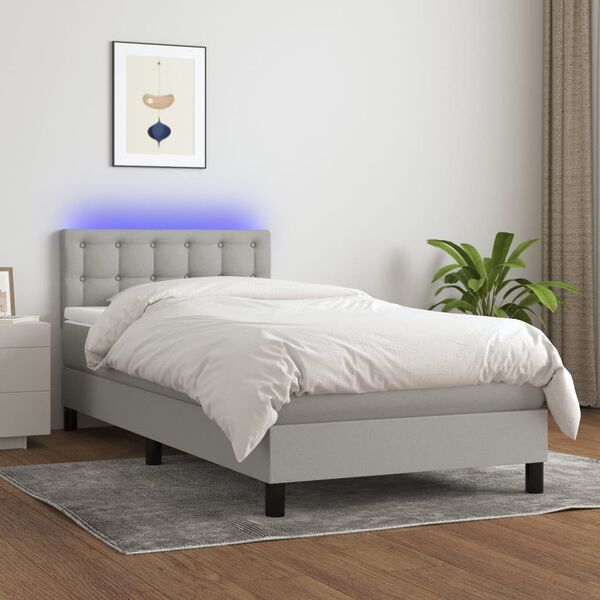 vidaXL Boxspring met matras en LED stof lichtgrijs 90x200 cm