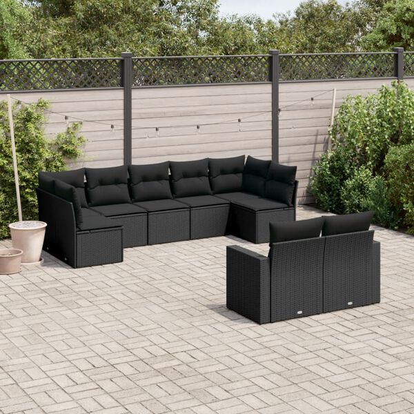vidaXL 9-delige Loungeset met kussens poly rattan zwart