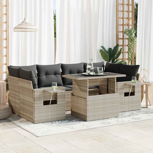 vidaXL 7-delige Loungeset met kussens poly rattan lichtgrijs