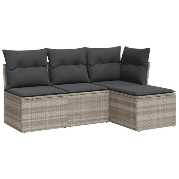 vidaXL 4-delige Loungeset met kussens poly rattan lichtgrijs