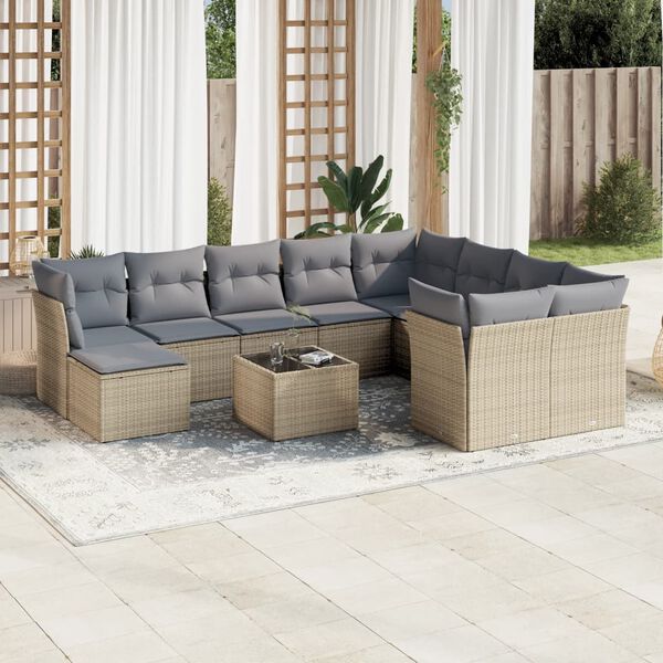 vidaXL 11-delige Tuinset met kussens poly rattan beige