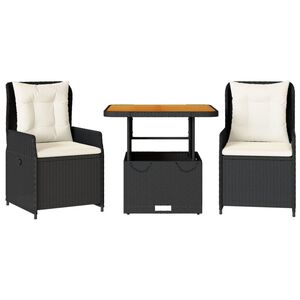 vidaXL 3-delige Bistroset met kussens poly rattan zwart