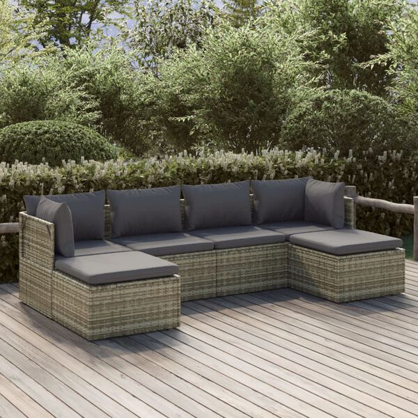 vidaXL 6-delige Loungeset met kussens poly rattan grijs