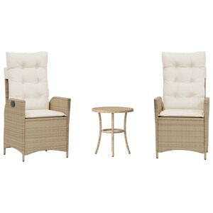 vidaXL 3-delige Bistroset met kussens poly rattan beige
