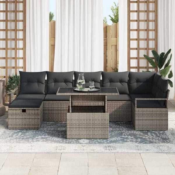 vidaXL Tuin Sofa Set met kussen met opslag 8 pcs Grijs Poly riet