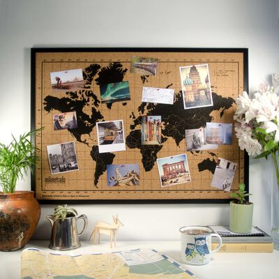 milimetrado Wereldkaart prikbord houten frame 70x50 cm zwart en bruin