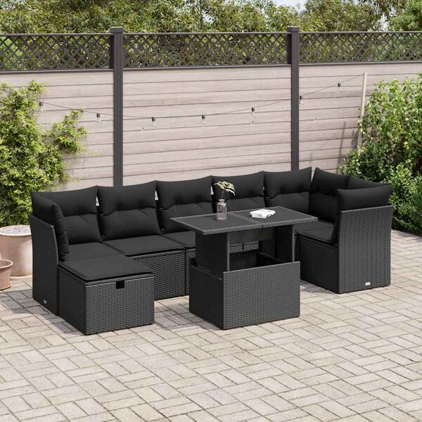 vidaXL 8-delige Loungeset met kussens poly rattan zwart