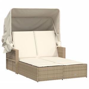 vidaXL Ligbed 2-persoons met luifel en kussens poly rattan beige