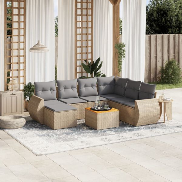 vidaXL 8-delige Loungeset met kussens poly rattan beige