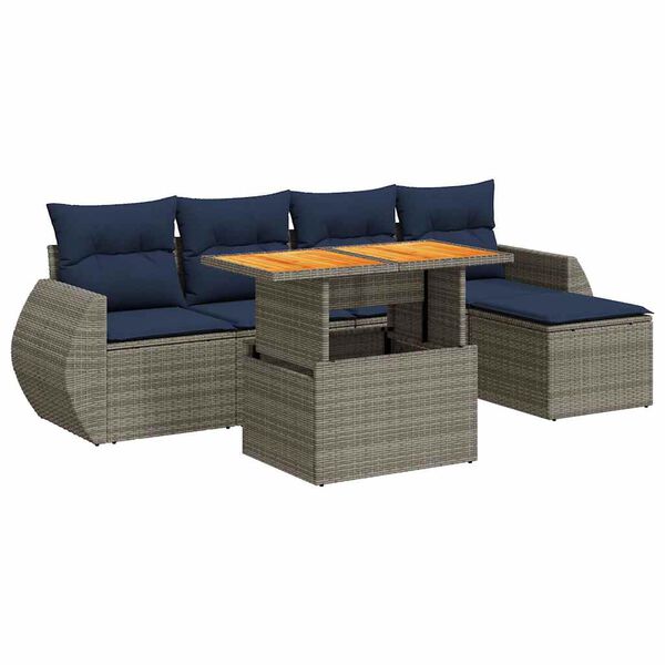vidaXL 6-delige Loungeset met kussens poly rattan grijs